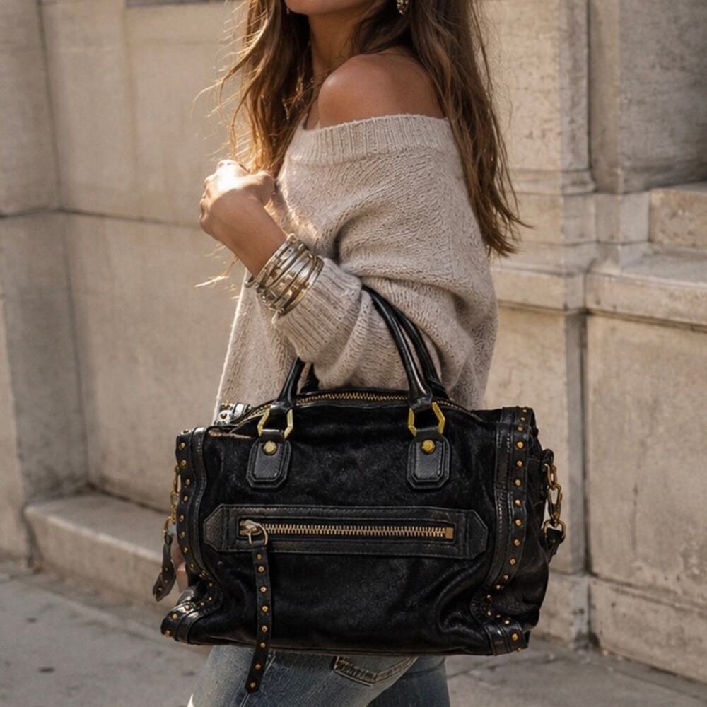 OrYany Black Leather Cowhide Studded Satchel Crossbody Y2K Boho Bag - Picture 10 of 10